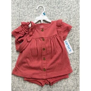 Carters Baby Girl 3-Piece Gauze Set Top Bloomers Headband Coral Pink 24M NEW
